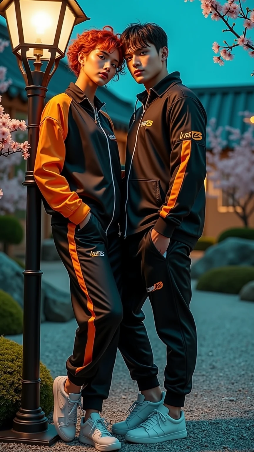 A real image full body of A captivating and stunning concept art piece featuring a Malay couple, dressed in modern, sports sweater outfit adorned with black-yellow-orange theme, inspiration from Malaysia's flag color and less tiger stripes. The woman wearing black hijab with very less stripes, and the man wear a ca. The outfits with Malaysia's logo badge are rendered in incredible detail with unique batik art and modern pattern, utilizing the power of Unreal Engine 5 and captivating viewers with their fantastical concept and 8k resolution. The background is white-grey hue, allowing the intricate details of the clothing to stand out and draw focus., photo