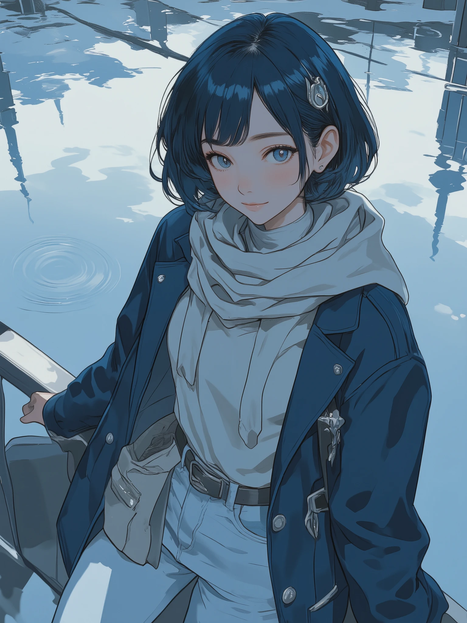 a photorealistic cinematic close-up portrait of a young woman inspired by a magical anime heroine, with short dark blue hair and soft side-swept bangs, wearing understated modern casual clothing in muted blue tones — a soft knit sweater, a light scarf, and a tailored coat with subtle silver accents
she has a calm, intelligent expression with a faint serene smile, standing near a still body of water, with soft ripples and a clear reflection of her figure in the water’s surface behind her, the background bathed in icy gray, pale blue, and silver tones
the scene is lit with natural poetic lighting and gentle cinematic shadows, evoking a peaceful, introspective mood; the overall composition is styled like a quiet fashion editorial without any text, focusing on emotional subtlety and balance
ultra-detailed textures on skin, hair, and fabric, painterly lighting, trending on ArtStation, best quality, aidmamj6.1
