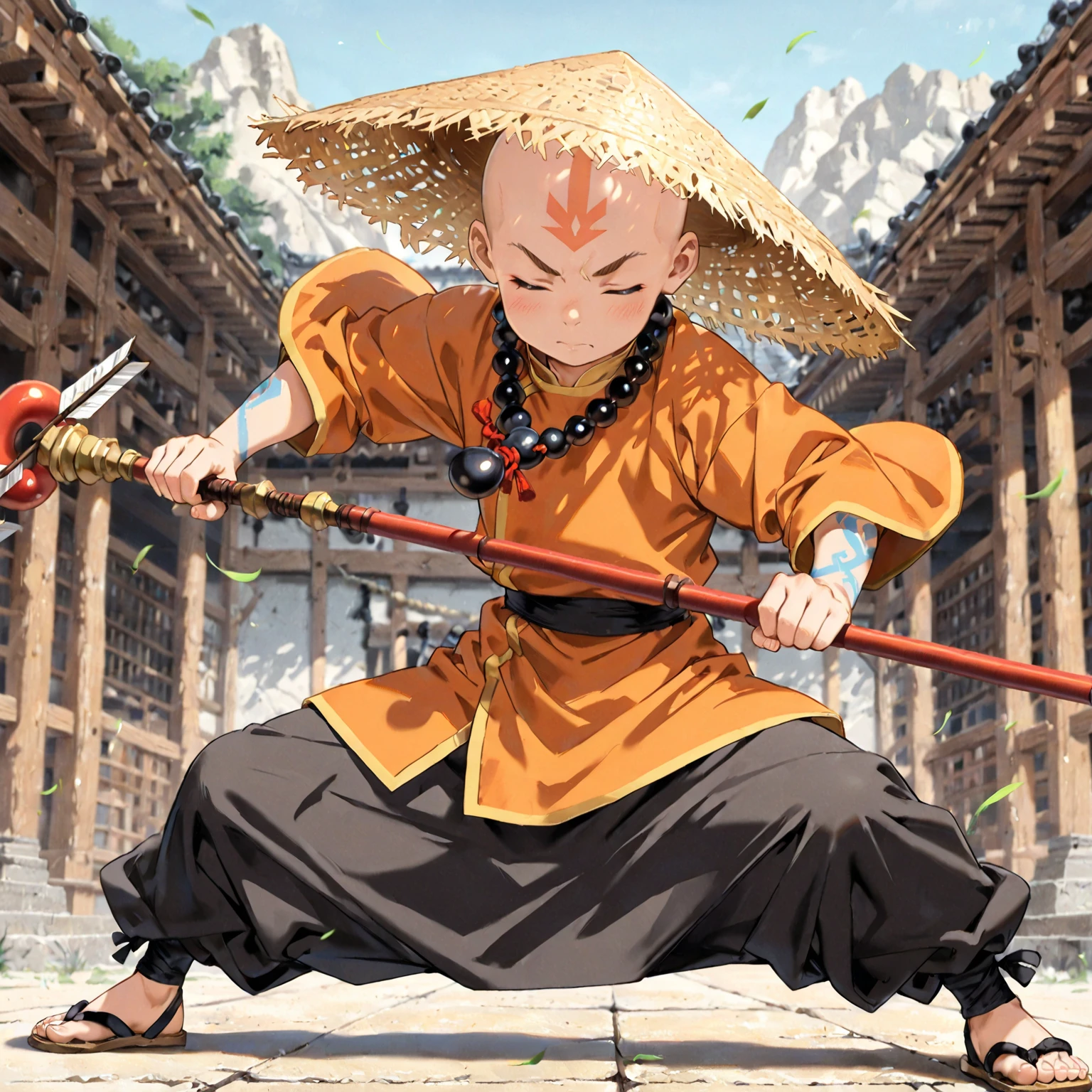 (masterpiece, Highest quality:1.2), (1boy), young adult, tall, ,solo,monk beads, bald, Straw Hat, Eyes closed, holding a bo staff, Orange and yellow Chinese monk clothing, Air temple background, marital art's stance ,a short breeze is behind him, wind's flowing, pale blue forhead arrow tattoo.