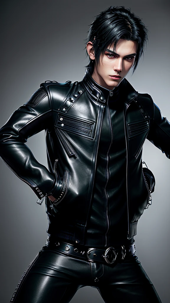Final fantasy taste and reality graphics, Japanese young cute and cool ikemen  boy, his age is early 20s, thin eyebrows and beady eyes,  he wearing off black color leather thick singlebrest biker jacket, with epaulet,  must close the front of the leather jacket, jacket is biker style, jacket is voluminous, , jacket collar is high length stand-up collar with belts, jacket is a little black line pattern,close the front of the jacket, also wearing black thick turtleneck lackluster shirts,  tight black leather pants, shiny black leather tight and thin glove, black leather knee-high raceup boots,must views  head-to-toe,must views whole body, boy looks like fashion model,Do not show skin from the neck down,leather jacket leather glove and leather pants have few wrinkles,boy in the room,