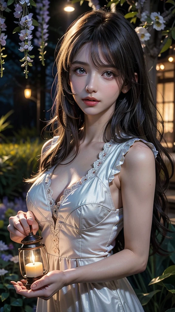 A beautiful girl in Hanfu costume, ((A light purple-black silk shirt with various patterns(See-through)Nightgown)), 白いレースのNightgown, (short hair), jewelry, earrings , Necklaces and Necklaces, Slightly slanted eyes,Large, carefully drawn black eyes, Careful makeup, Thin eyebrows, High nose, Small Mouth,Beautiful red lips, No smiles, Pursing your lips, Pink Cheeks, Wide open chest, Large Breasts, proportional breasts , Narrow waist, The thighs are boldly visible through the slit, ((White underwear))Chinese Hanfu style with transparent skin, Imaginary Art Texture, Bright and realistic colors, RAW Photos, Realistic photos, Ultra-high-quality 8K surreal photos, (Effective fantasy lighting effects: 1.8), 10 x pixels, Magical Effects (background): 1.8), Very fine eye, Full body portrait of a girl, 中国の王室庭園のbackground , Dynamic posture