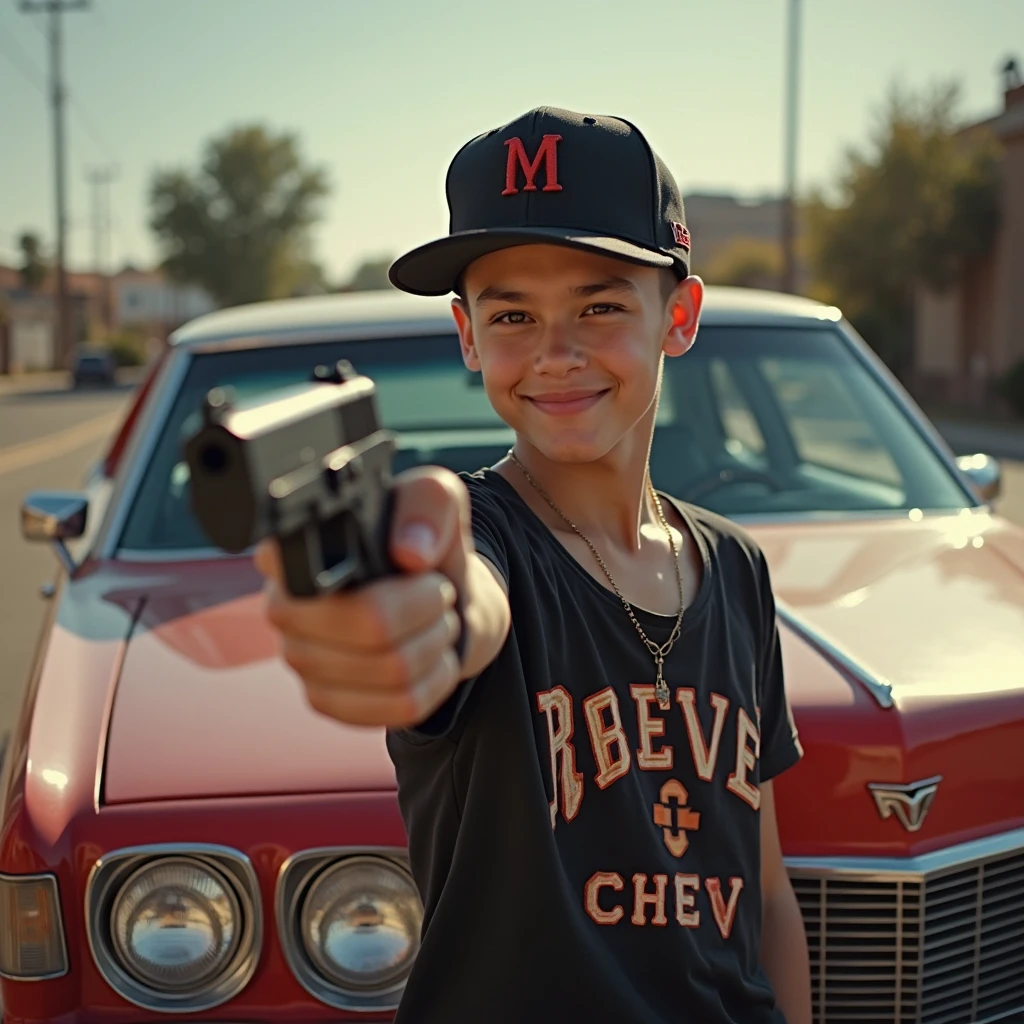 age boy, Messy hair, Medium length hair, dark brown hair, excited smile, eyes black, dark red shirt, wide white jacket with details, holding a pistol in each hand