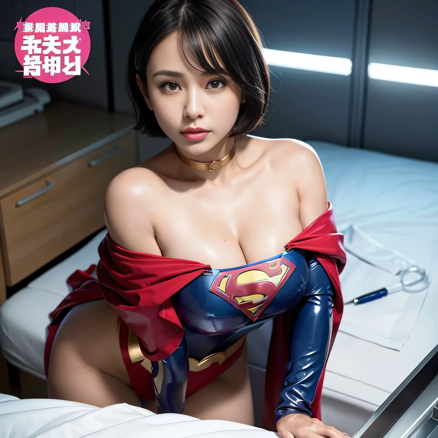 masterpiece、supergirl costume、short hair、barefoot、big and full breasts、Weekly magazine cover、Experimental facility、operating table、straddle、Tattered、shiny、look at the camera、Seduce、choker、red mini skirt、long sleeve、from right in front