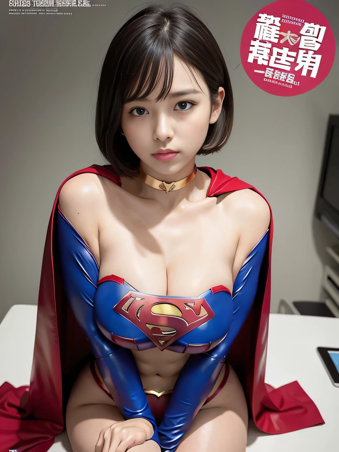 masterpiece、supergirl costume、short hair、barefoot、big and full breasts、hospital room、Recuperating in bed、Sexy poses to seduce、model body shape、shiny、looking at camera、off shoulder、choker、enamel、long sleeve、red mini skirt、Weekly magazine cover、obscene、Radical、sweaty、Glamorous、