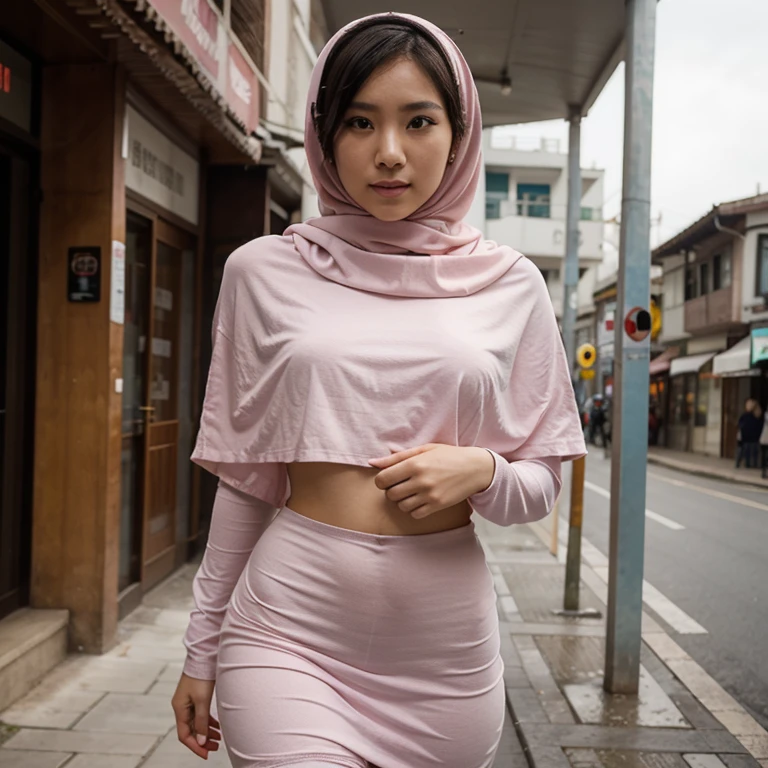 two muslim, lesbian, RAW, Best quality, high resolution, masterpiece: 1.3), (wear: white pink hijab: 1.3), hijabi, Masterpiece, (very Huge breast), (gigantic breast), (very massive breast), (large full breast, see-through Loose oversized torn T-shirt with visible breasts), beutiful face, detail face, big gorgeous eyes, smile, (girl in sexy suit), (wear: sexy lingerie t-shirt (sexy see-through, oversized, backless, underboobs, cropped, low-cut, sleeveless), navel, wearing a sexy (cleavage): 1.3), (wear: short mini skirt, (pleated mini-skirt): 1.3) (breasts-tattoos), (background: day time (shibuya street): 1.3), Excellent lighting, Bright colors, Clean lines, tattoo, (irezumi Tattoo), (tattoos), TATTOO, open legs
