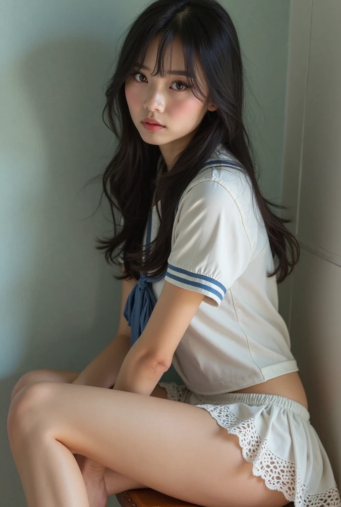 Raw photo, highest quality, masterpiece:1.2), highest quality, figure, Very detailed, Fine details, High resolution, wallpaper, Perfect dynamic composition, (Detailed high quality, Realistic depiction of eyes:1.3)、A woman who has been and has her hands tied、Arms wrapped around his back、hands tie behind back、Fingers five pieces、Has two arms、Inside a beautiful hotel room at night、Crouching pose、Bent knee squats、Squat down with your legs spread apart、Squatting while showing your crotch、Sitting on the floor with knees up、Outside the window is a night view、((((Panties are white、Panty shot))))、Short Sleeve Blouse、Wearing a long skirt、whole body、The whole thing faces forward、20 years old、university student、Wearing loafers、Wearing knee-high socks、Beauty、Well-formed face、Make your eyes even、Beautiful black hair、Has bangedium build、Well-balanced proportions、Beautiful legs、Fresh face、Beautiful scenery、, Surrealism, cinematic lighting, first-person view, f/1.2, Nikon, cowboy shot, 8k, masterpiece, 8k, UHD, award winning, best quality, highres