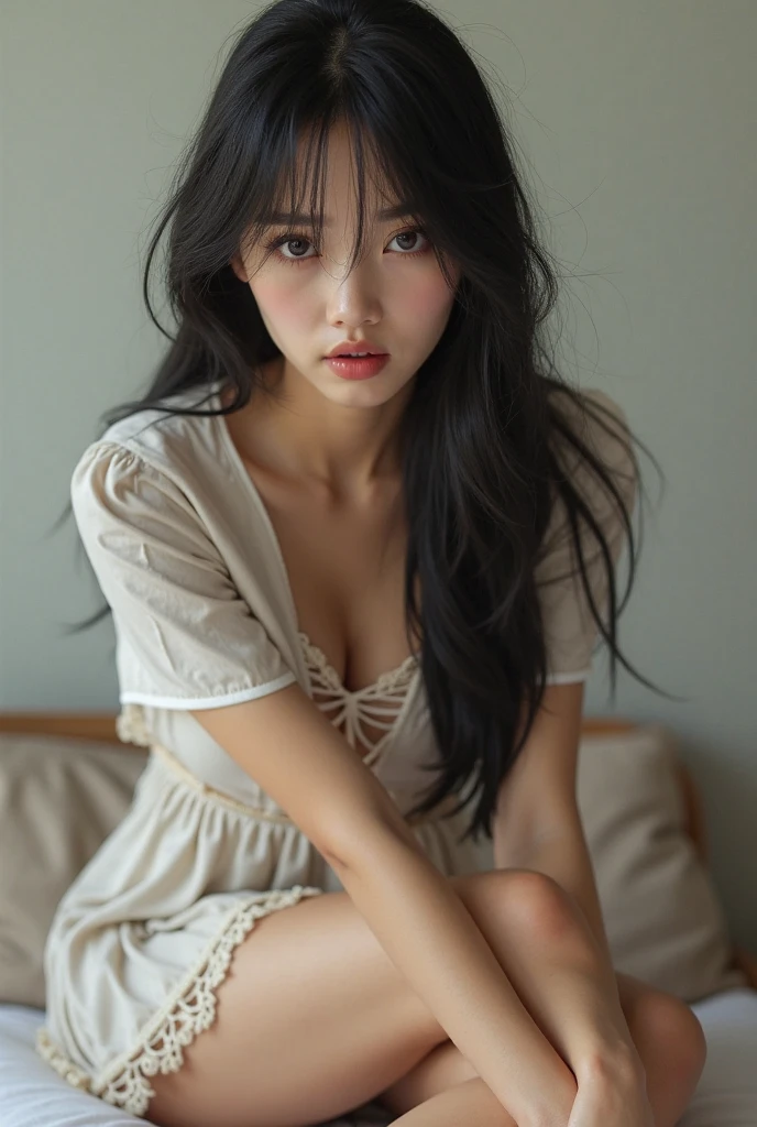 Best quality, masterpiece, super high resolution, (fidelity: 1.4), original photo, 24-year-old sexy model, messy long hair, delicate face, feminine eyes, half-exposed, white transparent floral dress, sitting on the bed with hands between your legs, shown in a positive perspective, surprising detail, very detailed