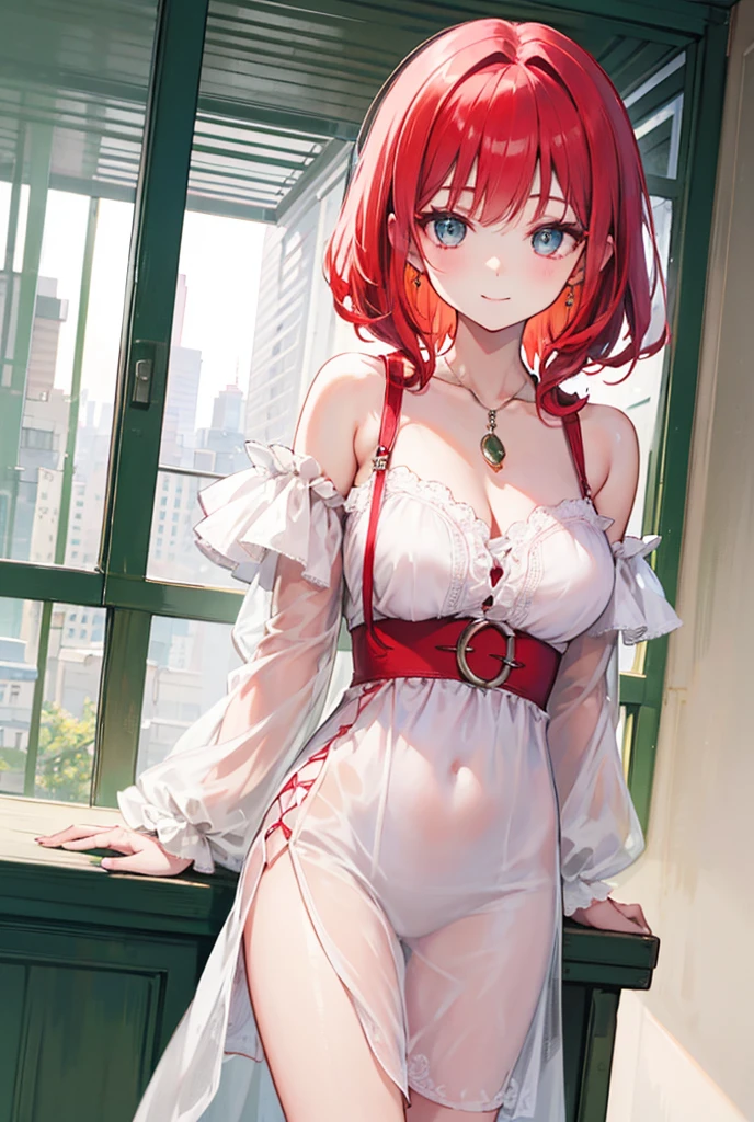 (Masterpiece, Best Quality, High Quality),Nishikino maki, Red hair, purple eyes, volumetric lighting, illustration, beautiful, pov, upper body, (camisole:1.1), floral print, cleavage, big breasts, looking to the side, confident, seductive smile, (arms behind back, head tilt:1.1), heart pendant, perfect lighting, perfect shadows, flower, (breathtaking scenery:1.1), tree, blushing