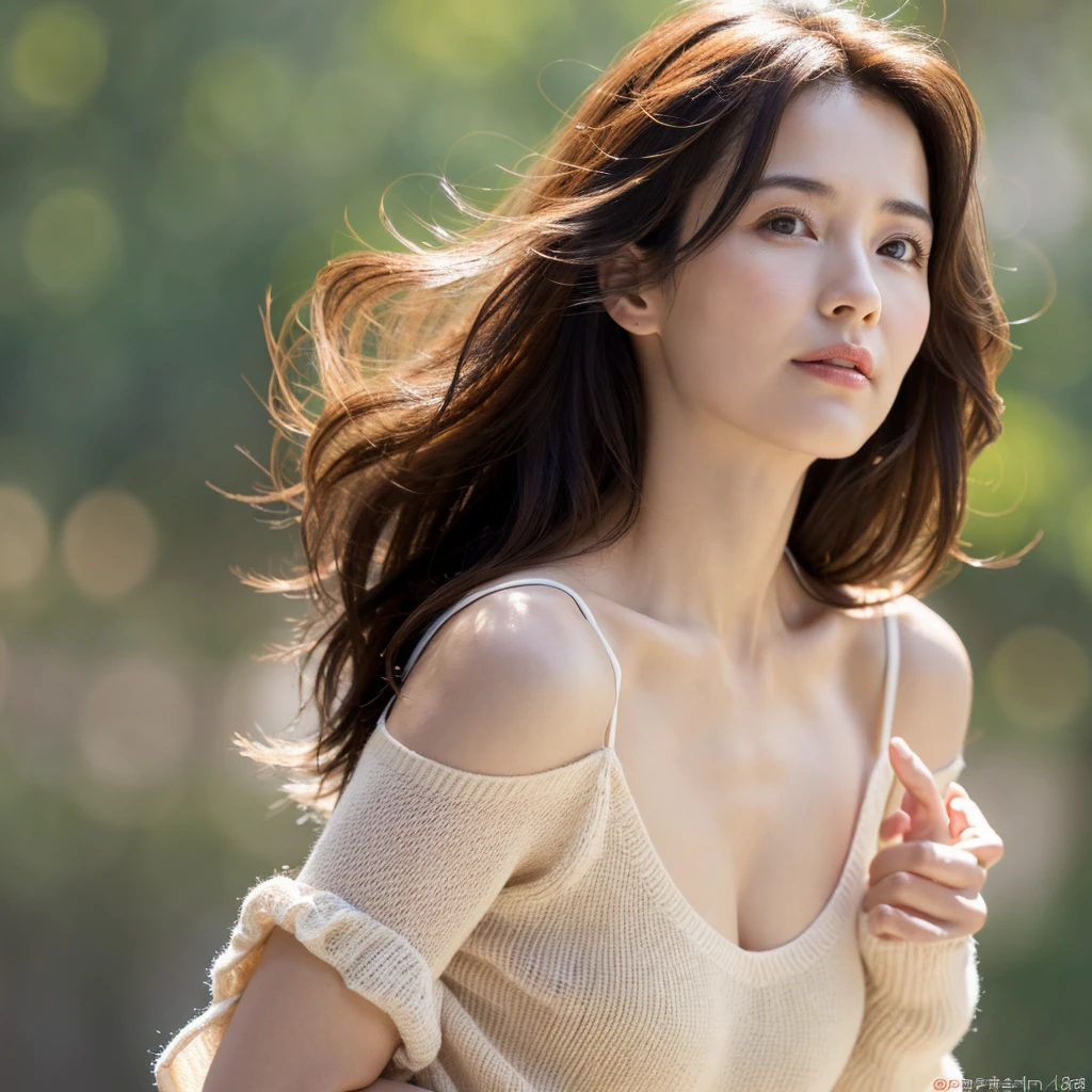 masterpiece, Highest quality, Realistic, (One Mature Woman), Waist up upper body shot, V-neck light knit shirt, Cleavage, (From below), (Thick lips)、Super big breasts、Extremely beautiful