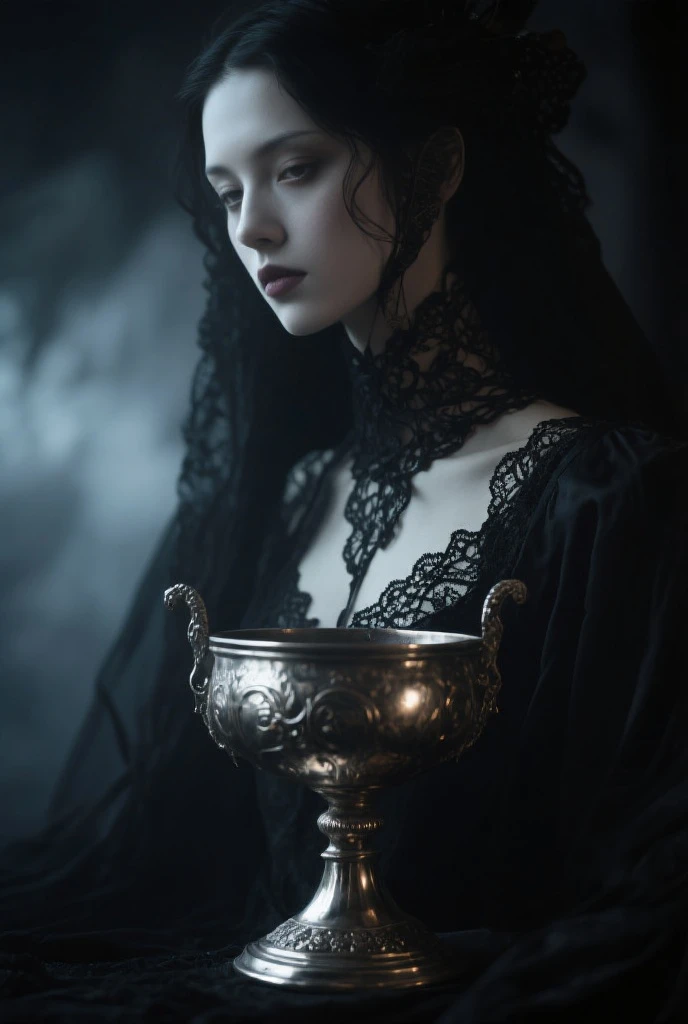 James Gurney, Surrealist art , dream-like, Mysterious, Provocative, symbolic, Complex, detailed,, (Gothic but very beautiful:1.4), (masterpiece, highest quality:1.4) , Nicola Samori Style, queen of cups
