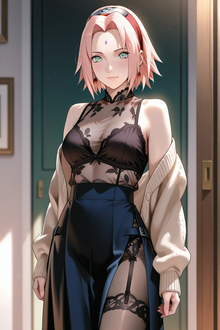 (Masterpiece:1.5) ,stunning realistic, best quality, Sharpness, 1 girl,sakura haruno, pink hair,green eyes,dunkelblaue raute auf der stirn,(arms behind head:1.5),full body,(knitted sweater:1.5),skinny jeans,sexy body,middle large breasts,
