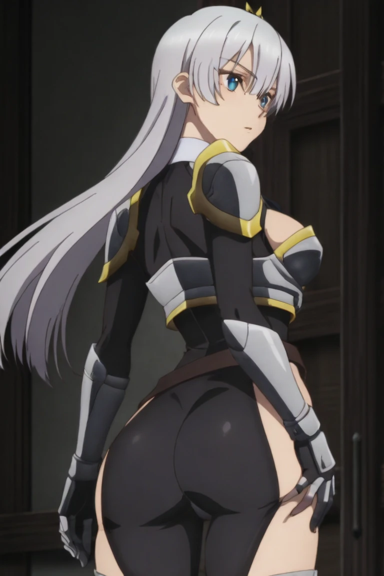 1girl ,solo,20s,mature female,serious face,white hair,long hair,fox ears,(simple background),thighhighs, see-through, black leotard, armor, black thighhighs, gloves
