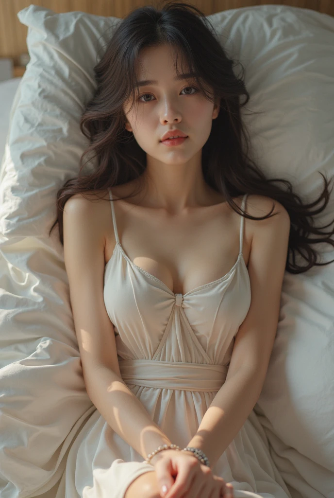 Best quality,masterpiece,Ultra-high resolution,RAW photos, Cat ears,cute,In the light,deep shadow,Low profile,Cold Light,sexy look,Long hair,((best quality: 1.5)) ((masterpiece: 0.8)), Intricate details, Clear focus, professional, real life, Real facial expression, Dynamic poses, ((([Large breasts:0.8])))),Lying on the bed