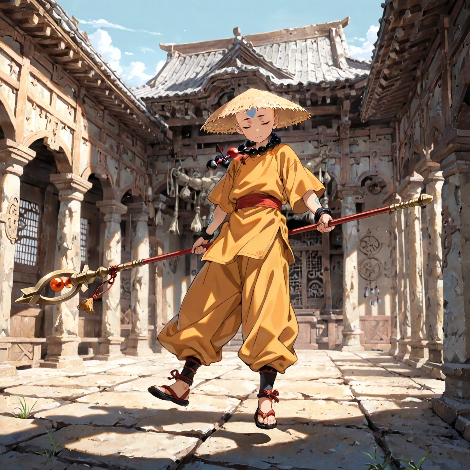 (masterpiece, Highest quality:1.2), (1boy), young adult, tall,  ,solo,monk beads, bald, Straw Hat, Eyes closed, holding a bo staff, Orange and yellow Chinese monk clothing, Air temple background, meditating and floating, winds flowing pale blue forhead arrow tattoo.