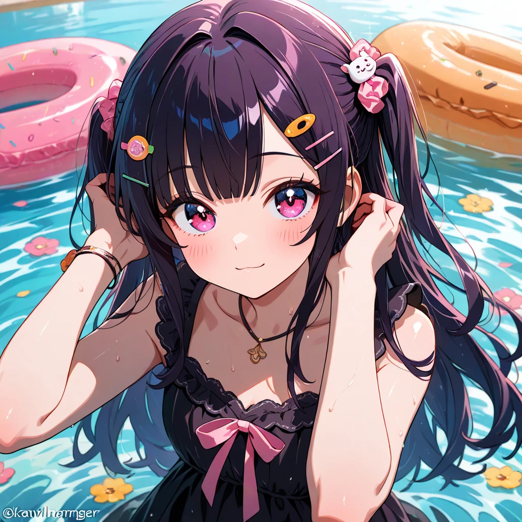 Girl、cute、Yandere、Menhera、Idol、Lori、コン、cute、Blue or purple heterochromia、Pink Hair、Long Hairstyles、Twin tails、Cat ear、Big ribbon、cute、Spoiled、Watery eyes、heart,smile、be happy、Red cheeks、Ocean、dress swimsuit、Water gun、playing、Water Play