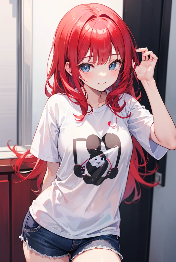 (work of art, Maximum quality, best qualityer, offcial art, beautiful and aesthetic:1.2) Uma Furry Loba Gamer, Using a White Headset, long red hair, Red Skin, gold eyes, wearing a black sweatshirt, Red T-Shirt and Dark Blue Jeans.
