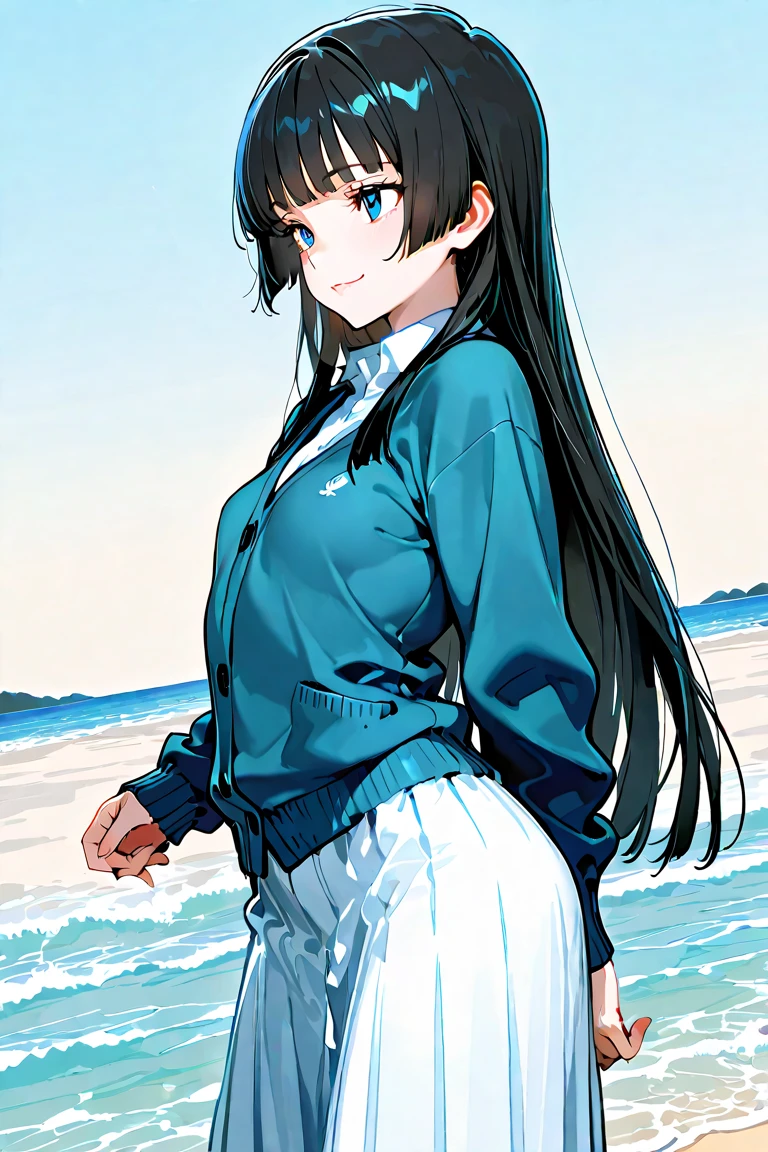 Hilda the trainer from pokemon, she has blue eyes, she wears a baseball cap from with her hair out the back of the baseball cap, she wears a skirt and a blouse the blous reveals her huge as she smiles at you, she is sutting on the beach, she has her hands on her , she has brown hair and bangs