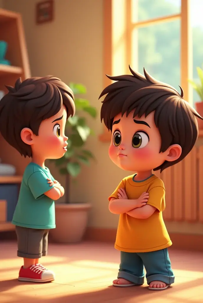 jealousy: A child looking at another with an expression of envy, maybe with arms crossed or looking insecure. Animated image for children 