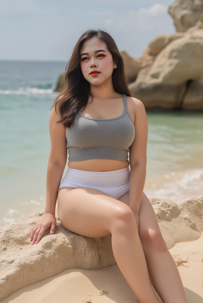 top-quality, ​masterpiece, high-detail, 16k picture quality, The 35-year-old beauty looks elegant in a tight fit,large breasts, (Tank top),(Ultra-thin string), Emphasize her charm. She is squatting on the beach at sunset, (Twin tail),( garnet earrings), Flaunt your bust and perfect waistline. Her hair, , falling like threads of silk surrounding her face.(full body toilet～:1.3)Toe to toe,High resolution,This seductive woman is squatting on the sand on the beach and smiling、( back shot taken from behind),As the bright sun sinks below the horizon, その輝くビームがHer hairを捕らえます, Provides a serene backdrop for this captivating scene,