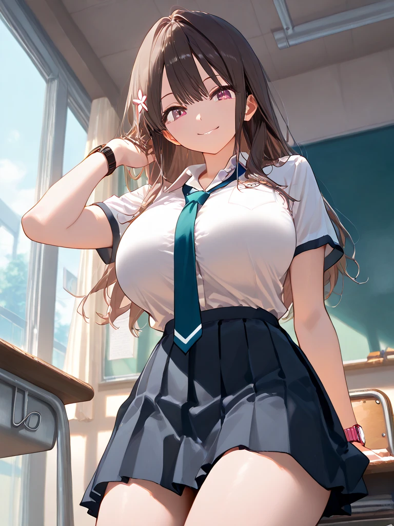 Beautiful girl with a symmetrical face, she looks like Marin Kitagawa, she is 15 years old, she has a perfect body, medium and firm tits, dressed in a Venus miniskirt and a very short unbuttoned shirt, clothes that are very transparent like air, very light, with a very wide neckline, everything. with intricate details, random angle, ((style: Character Design)), red-light brown hair
