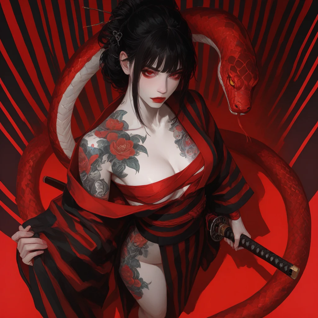 a white-skinned demon girl, black hair ending in several snake heads, Eyes red, wearing a half-open purple and red kimono, revealing her sensual body, sitting in a y pose, provocative look, temptation, detailled image, High definition