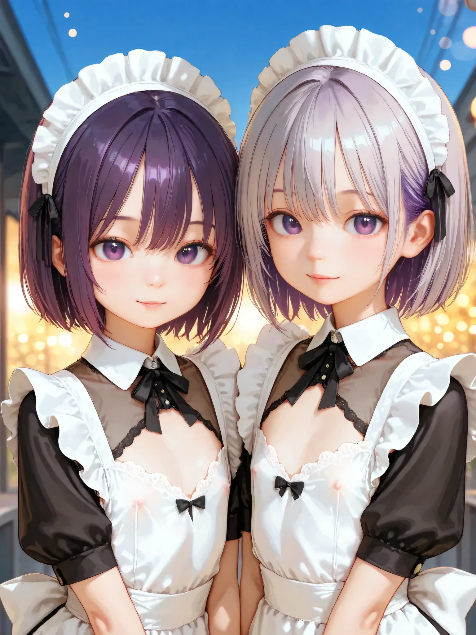 short girl, 2 girls,is young, flat chested,realisticな外観, big purple eyes, Two-tone purple hair and gray hair、See-through maid outfit、no bra、Outdoors、細部にこだわったrealisticな影、movie stills, High Quality, realistic, 4K rendering, ultra-fine texture, PROFESSIONAL , bright color, Bokeh