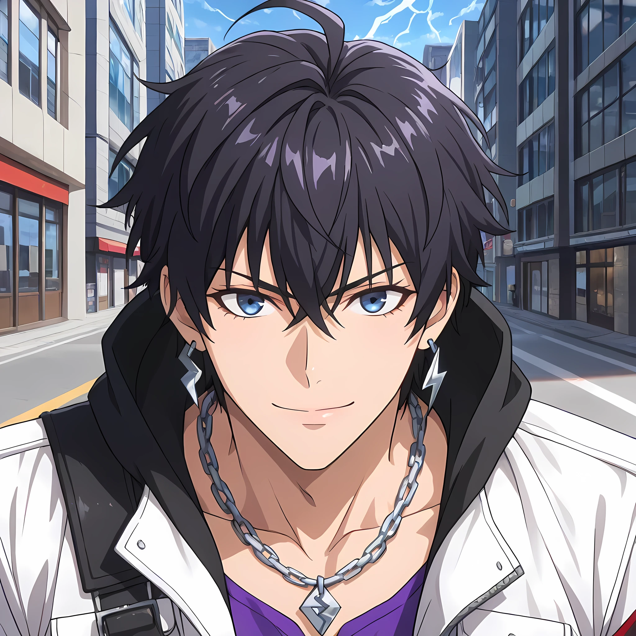(front angle, medium close-up, shot with an 85mm lens), ((anime skin texture, body style Solo Leveling, perfectly detailed scenery, best image quality, full HD, perfectly detailed appearance, perfectly detailed eyes, 1man, man walking through the city, anime style Japanese city, walking on a street with graffitied walls):1.10), {Sung Jin-woo}:((1man, short messy hair, adult man, strong and developed body, mature man, black hair with purple endings:1.2, blue eyes, black army boots, blue long pants with double pockets, tight purple blouse on defined chest, white jacket with black hood, silver snake earrings:1.2, black cloth armband, perfect lips, fearless gaze, confident smile, panting, silver chain with army pendant, strong arms and legs, thin eyebrows, lightning bolt shaped ahoge:1.2, dual hair color:1.2, lower part of hair in purple tone:1.05)).