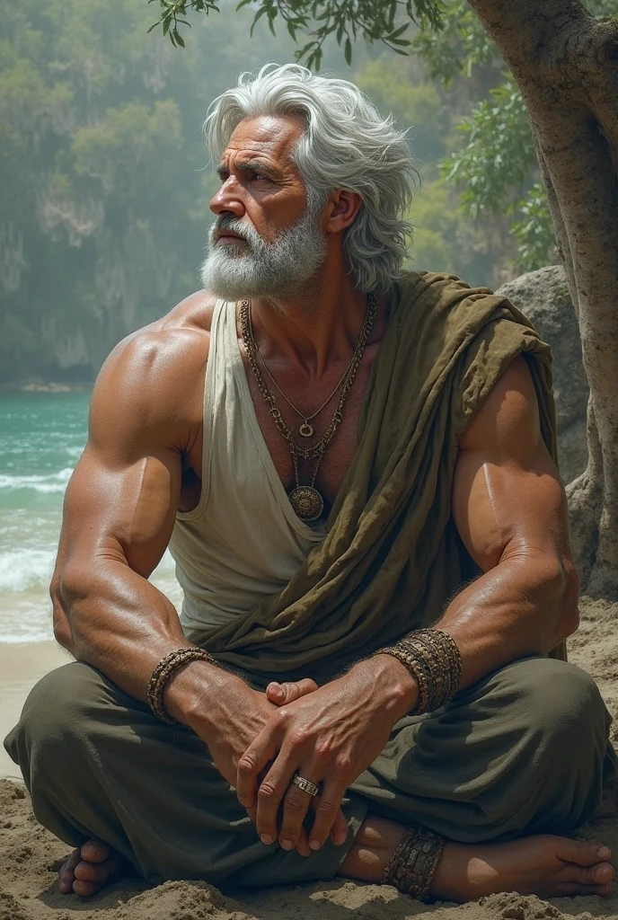 velho monge indiano, Meditando sentado, na beira de um rio cheio de pedras, no por do sol, foto ultra realista, detalhes do rosto com barba perfeitos, textura boa de pele, sombras e luz perfeitas, foto ganhadora de premio