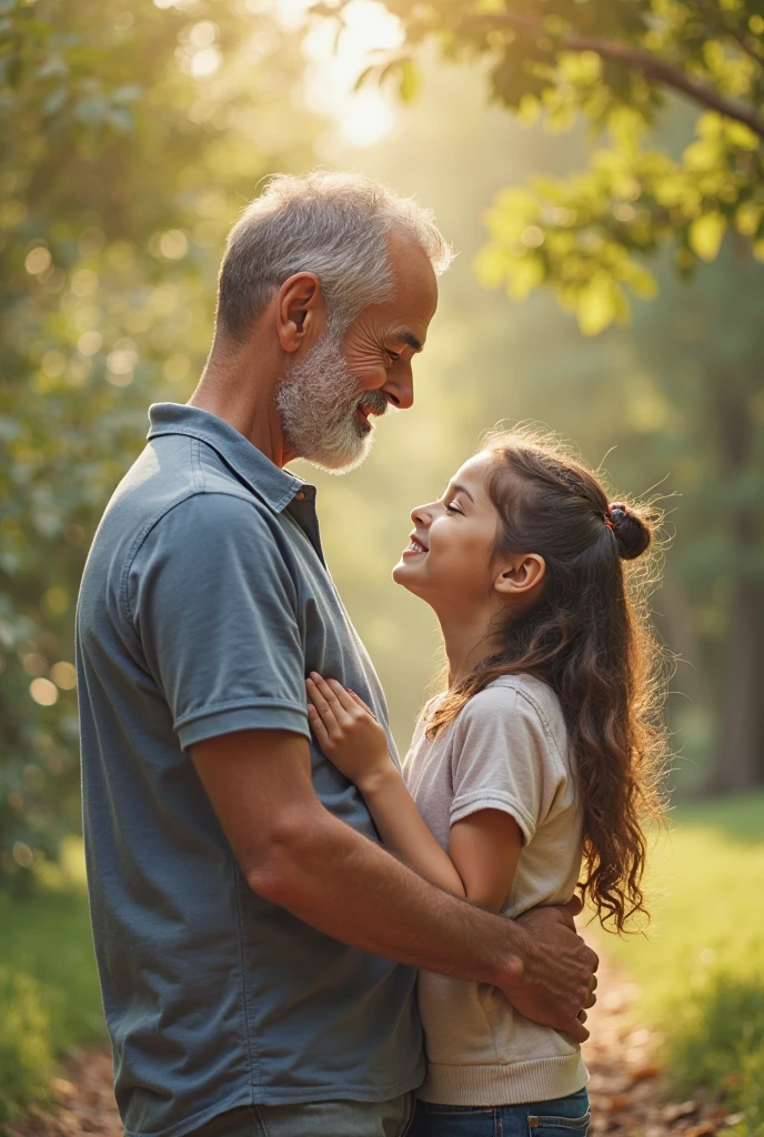 a loving father, Father's Day, father and daughter, heartwarming moment, paternal bond, ultra-detailed masterpiece (1.2, 8k highres), photorealistic, realistic, warm lighting, soft focus, beautiful colors, vibrant hues, tender mood, sentimental, cinematic – this image captures a tender embrace between a loving father and his daughter during golden hour. The father's gentle smile, tenderly holding his daughter's hand, emanates a heartfelt emotion as they share a beautiful family portrait. The warm lighting filters through the soft focus, bathing the picture in a loving relationship that radiates a palpable paternal bond