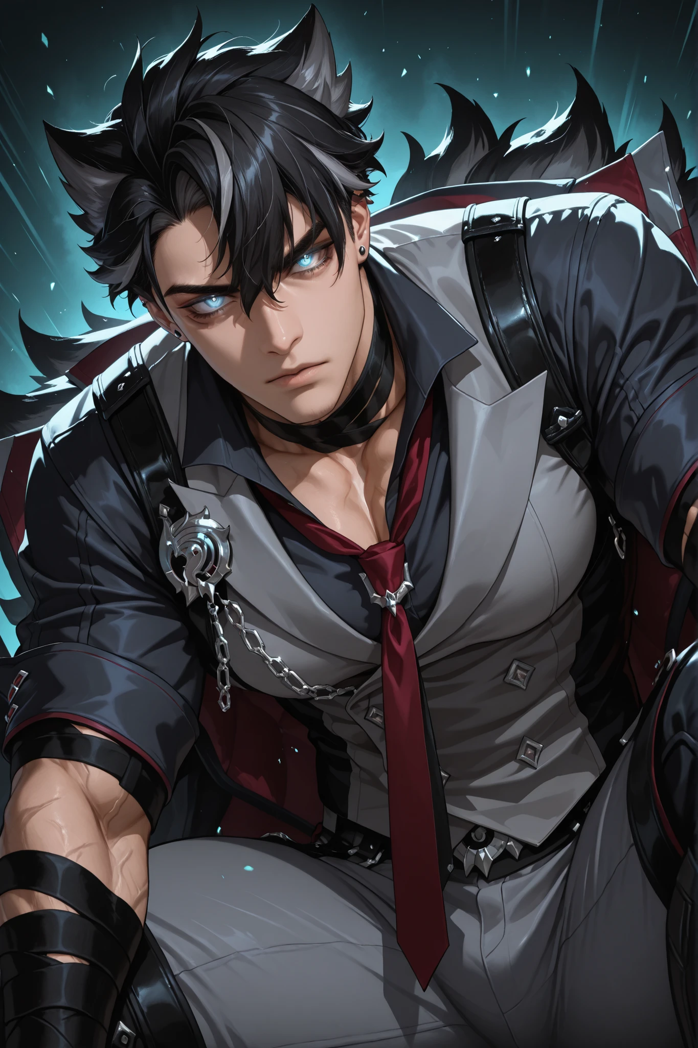 (Masterpiece, absurdres, newest, topquality) 1boy, solo, maturemale, malefocus,wriothesley,black hair,short hair,multicolored hair,bangs, dynamic background, looking at viewer, low angle, villain expression, fighting pose, front view, glowing eyes