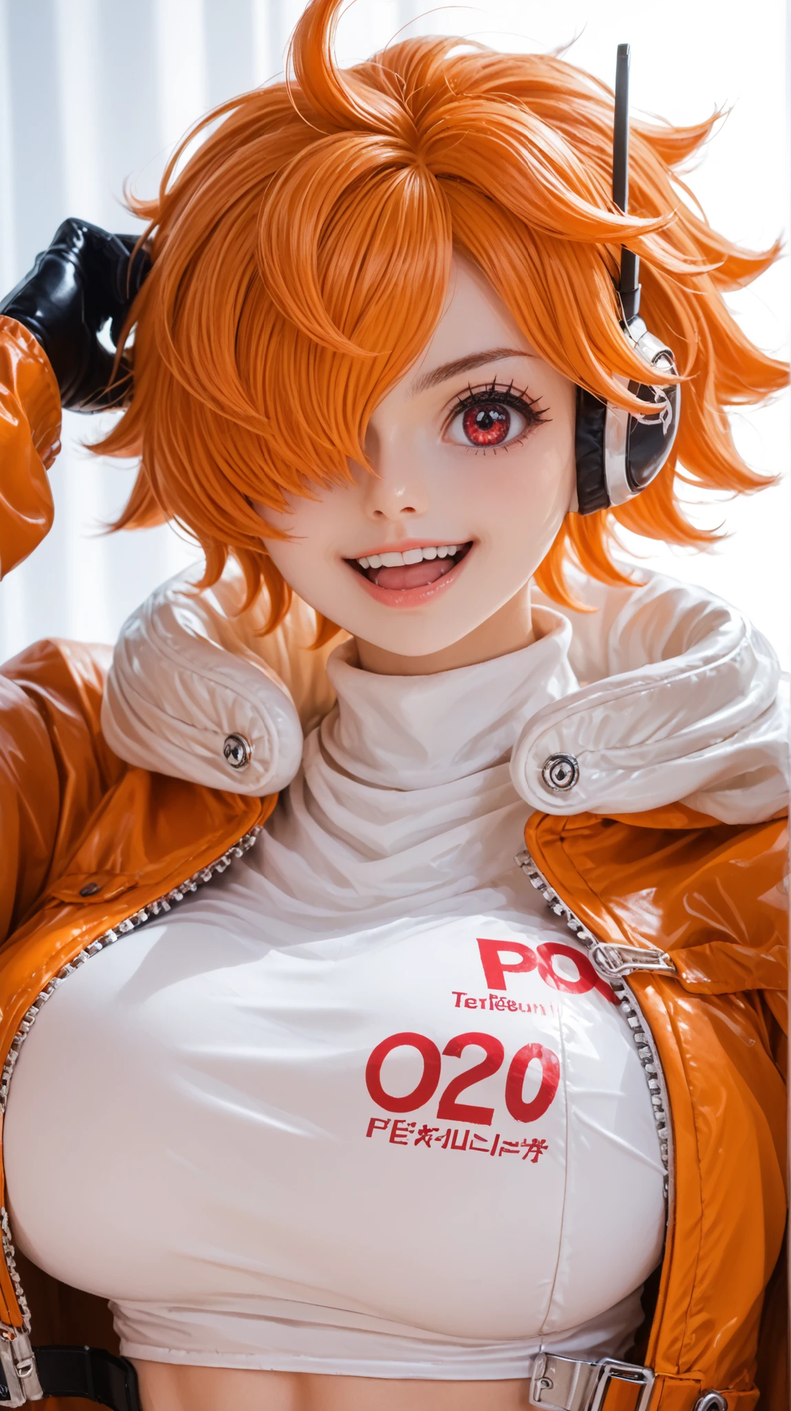 2d, anime, anime style, egghead outfit, 1girl, solo, breasts, looking at viewer, smile, short hair, open mouth, large breasts, simple background, red eyes, gloves, white background, jacket, black gloves, hair over one eye, huge breasts, headphones, vegapunk lilith, egghead bodysuit, Korean style cosplay, beautiful lighting, soft shadows, looking at viewer, toned body, anime girl, 25 Years Old, Korean Style Cosplay, Beautiful Lighting, Tummy Toned, Toned Body, orange hair,