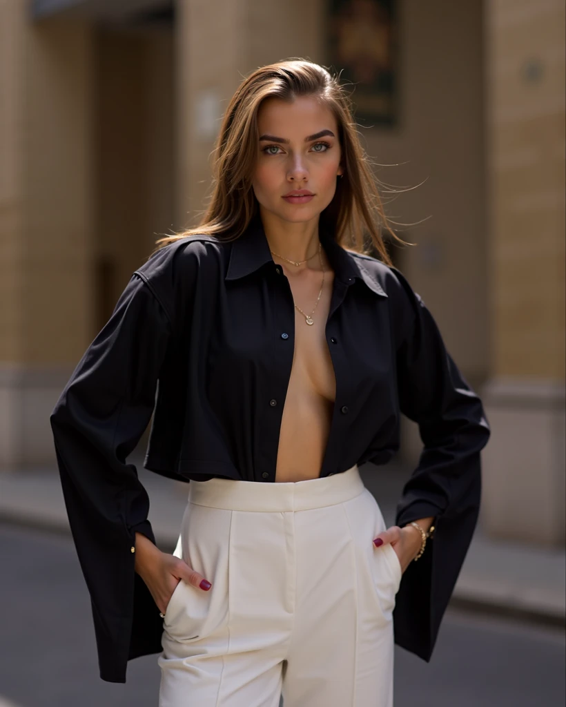 generated a full body of a 21 years old young woman with dark brown hair, medium size chest, innocent expression, With a shy smile, On a chic sidewalk in a trendy New York neighborhood, a model leans on a wall with wide-leg pants and a satin wrap shirt in a jewel-tone emerald. The shirt features a plunging neckline and elegant draping. The side perspective highlights the fluid movement of the fabric and the sleek, modern lines of the outfit, set against the dynamic urban landscape