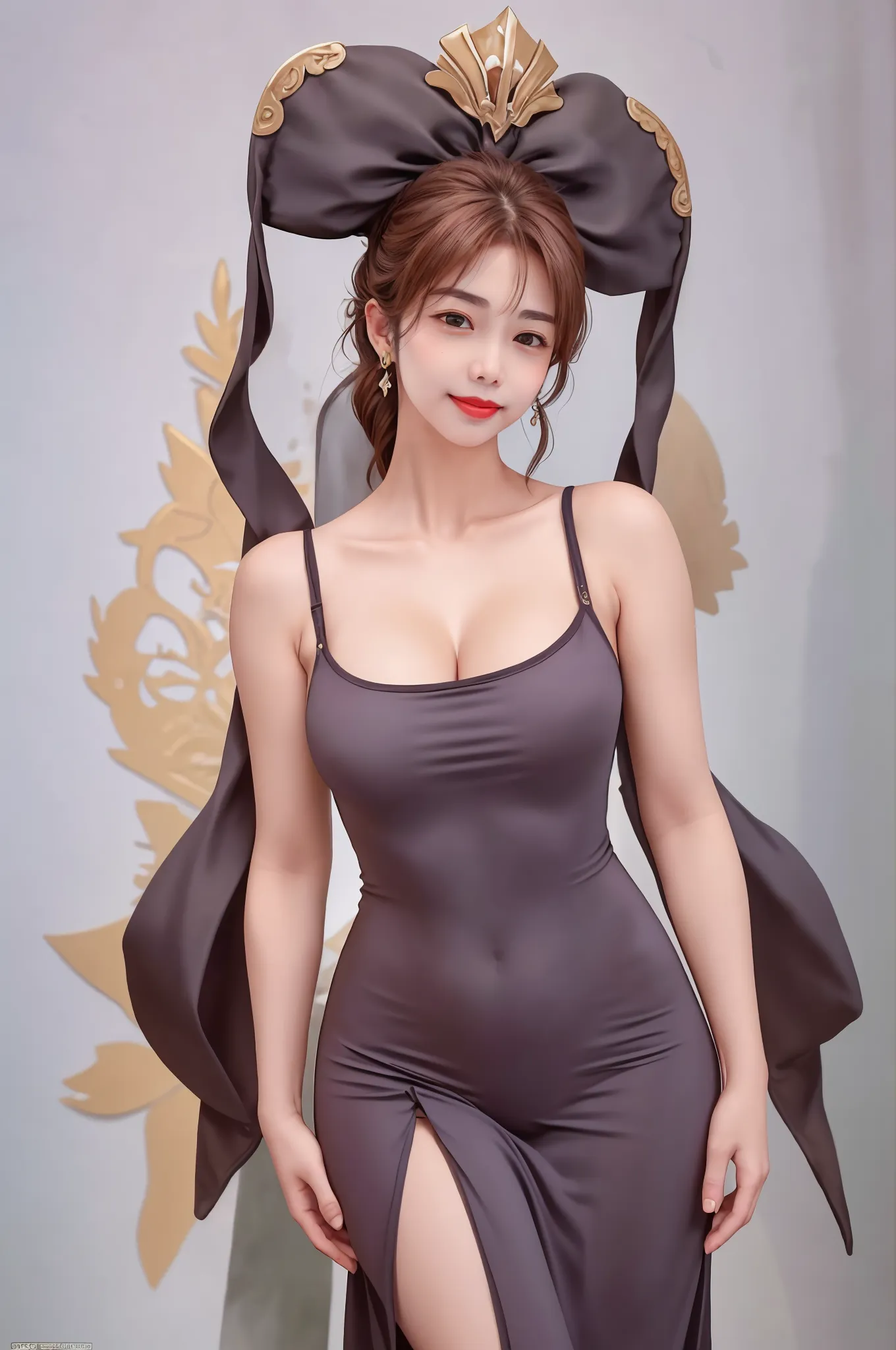 araffed asian woman in a tight brown underwear posing for a picture, tight attire, tight outfit, muted colored bodysuit, curvy accentuated booty, very sexy outfit, wearing leotard, sultry body with sexy belly, photorealistic perfect body, thin bodysuit, sexy outfit, brown hair and a perfect body, leotard