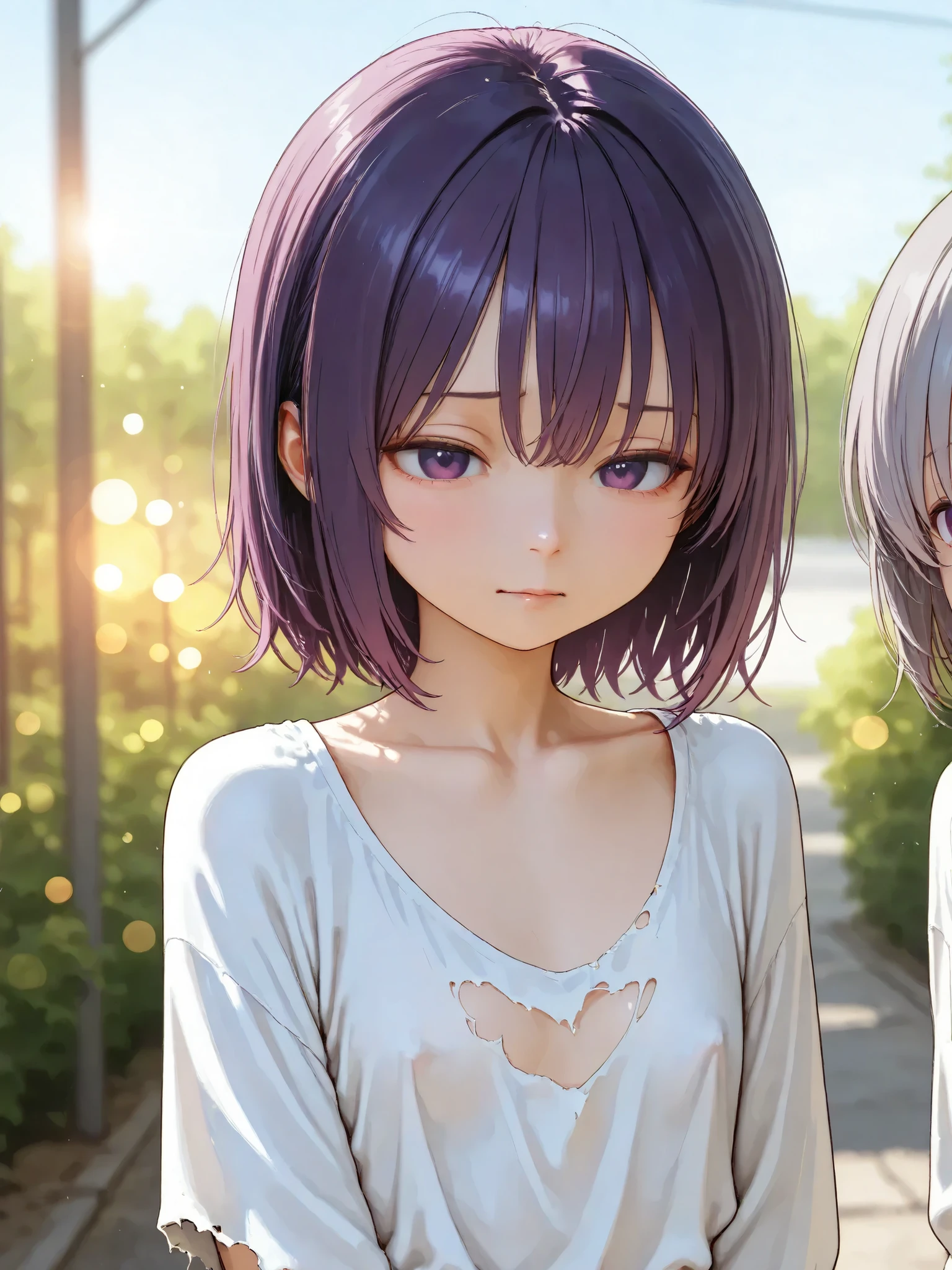 short girl, 2 girls,is young, flat chested,realisticな外観, big purple eyes, Two-tone purple hair and gray hair、torn shirt、no bra、with a distressed face、During combat、Outdoors、細部にこだわったrealisticな影、movie stills, High Quality, realistic, 4K rendering, ultra-fine texture, professional , bright color, Bokeh