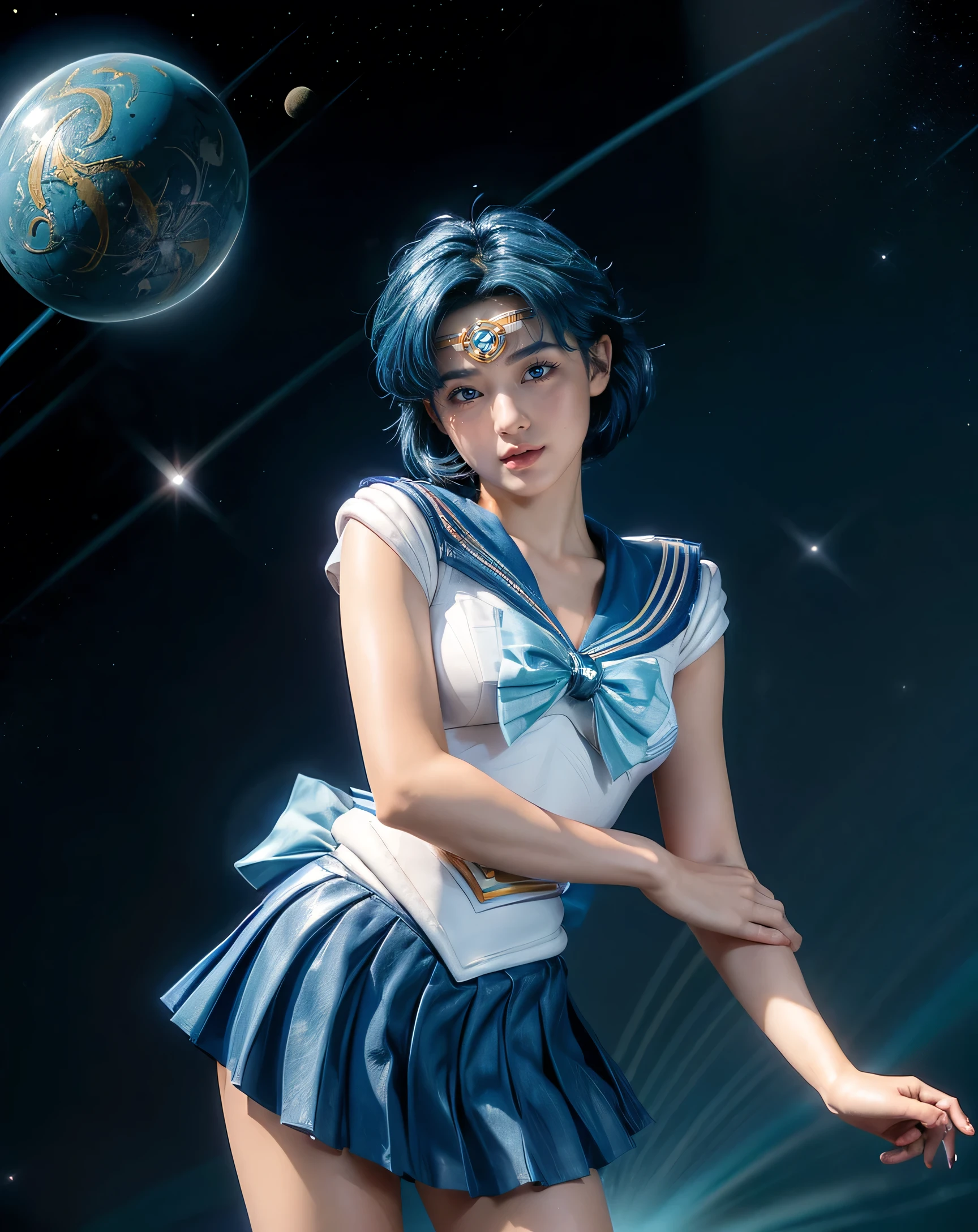 Masterpiece,Quality of product,(short hair dyed blue),1 beautiful young Japanese female, positive, smiling,(well-proportion:1.3),(Sailor Mercury:1.4). (Looking over shoulder:1.4)
(Cowboy shot:1.3),(emphasis on thighs:1.3).
(Background - blue sea,comet,stars twinkling in space:1.4).
(blue sailor uniform:1.4), bow, knee-high boots, blue choker, white gloves, jewelry, earrings, (blue super short pleated mini skirt:1.4).
Beautiful face,cute type,baby face,slightly round face,beautiful big eyes,blue eyes,obvious double eyelids,small cute nose,(natural cosmetic) glossy lips,(blue hair:1.4),blue floating short hair,asymmetrical blue bangs,blue floating hair Nova Frog style.
[Imaging Center,8k Resolution,Attention To Detail,Detailed Hairstyles,Detailed Aspects,Film Book,Octane Rendering,Super Realistic,Anatomically Accurate,Perfect Figure,Beautiful Legs,Thighs,Large Breasts,Blue Hair,(Perfect Anatomy):3.8, Octane Rendering,. Water God The beauty].
(Sailor Senshi Pose:1.4).((Hands behind head)), ((Dinámic camera angles)) 