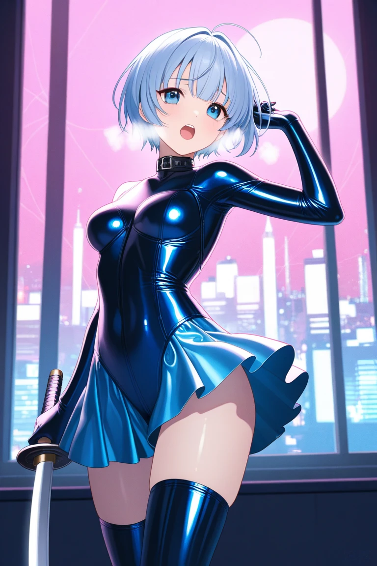rem,re zero, Blue hair, Short bob hair, smile, cleavage, happy, dynamic pose, glowing,
vibrant colors, sharp focus, best quality, cinematic lighting, detailed outfit, (string of prayer beads), blue eyes, thick_eyebrows , large_breasts, double bun, more_details:1, kung fu girl, glowing eyes, neon eyes, (shinyblack leotard suits, latex), shinylips,(ultradetailed:1.4),16K,