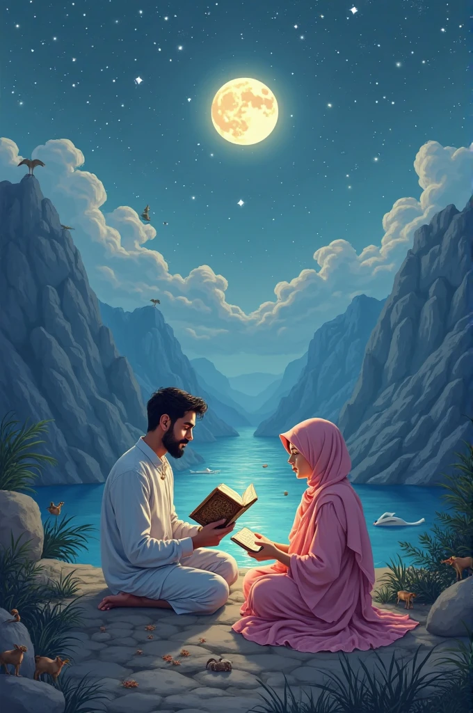 A Moroccan man and his wife are sitting on his carpet, wearing a black and white dress, praying in an Islamic way under the light of a dim candle. The painting is painted on black velvet in red and black colors. On the plains next to the sea, in the sky, the Milky Way galaxy stands out with its magnificent stars. Next to it is a book contemplating the sky, a butterfly, a sailing boat.