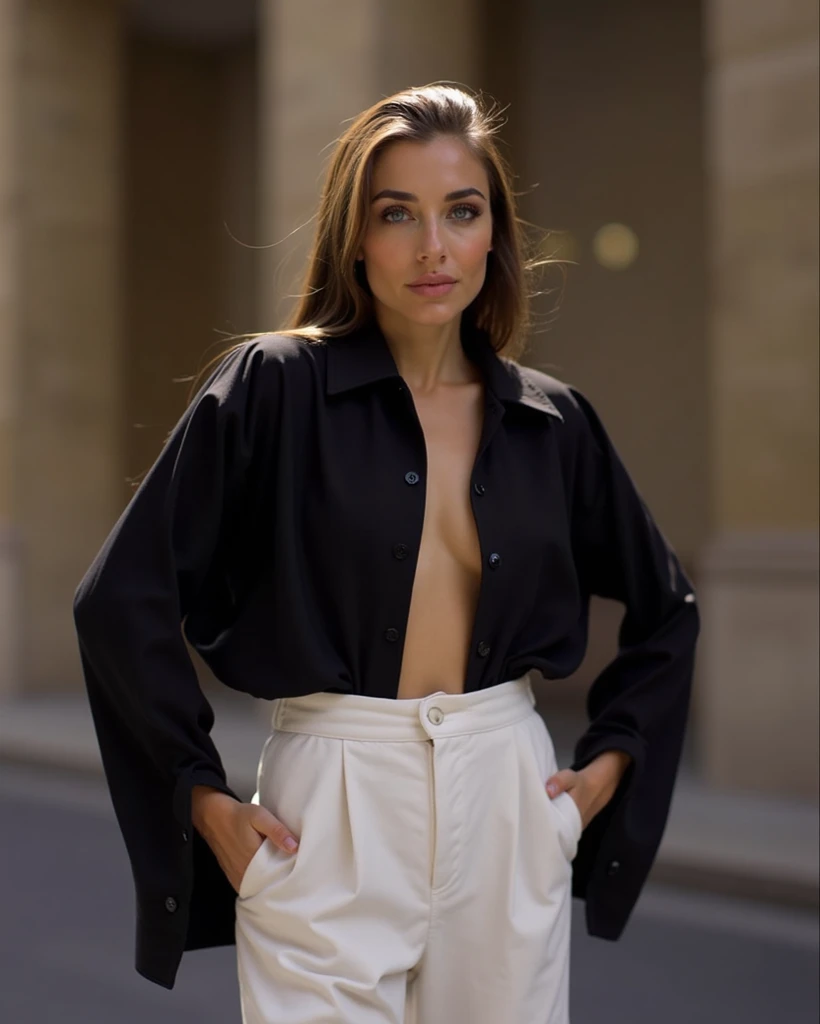 Une femme blonde, 36 ans, ((gros seins)), ((Hyperréalisme)), cheveux éclatants de blond, avec juste les racines d'un blond foncé contrastant, yeux bleus. Assise sur un balcon élégamment vêtue d'une chemise bleue Gucci, coupe sophistiquée, complétée par un pantalon slim noir Saint Laurent. Appuyée contre le cadre d'une grande fenêtre, baignée dans la lumière douce de l'heure bleue, son ensemble Chanel mis en valeur. Ornée d'une écharpe en soie Burberry, escarpins Louboutin accentuant sa silhouette, montre Cartier et bracelets Tiffany & Co. élégants, sac à main Hermès à proximité. Regard intensifié par un maquillage subtil Dior, cheveux brillants soigneusement coiffés avec des produits Kérastase, cascades de mèches blondes lumineuses dominant les racines sombres. Ambiance intime, style de vie luxueux capturé, vêtue de manière raffinée, style impeccable entre luxe discret et charme inné, entourée d'étoiles et de bijoux Van Cleef & Arpels