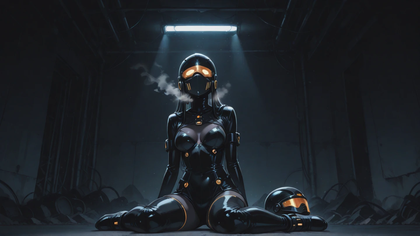 A tan skin girl with yellow and black latex catsuit is bound to a standing table by metal cuffs on arms and legs, she has a yellow and black gas mask with a hose that only let her eyes visible through the gas mask cristal, her eyes with yellow and black makeup accentuating them , the rest of her face is cover by the gas mask.