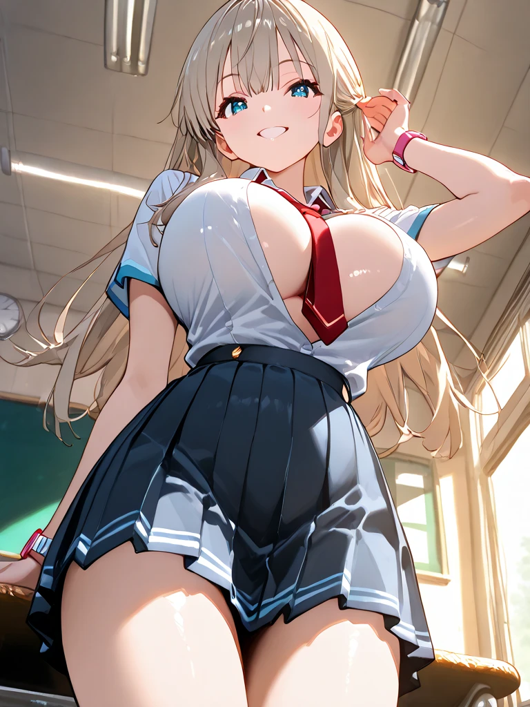 (masterpiece:1.2、Highest quality、Tmasterpiece)、1 female、alone、Day、classroom、stand、beauty、blonde、ponytail、blue eyes、(Oversized Sailor Suit:1.4)、(Dark Skin:1.4)、break、Big Breasts、(pantyhose)、corset、Earrings、lipstick、Long sleeve、choker、mini skirt、blush、Covered breasts、Bangs braids、(Thick lips:1.2)、(Sweat stains:1.2)