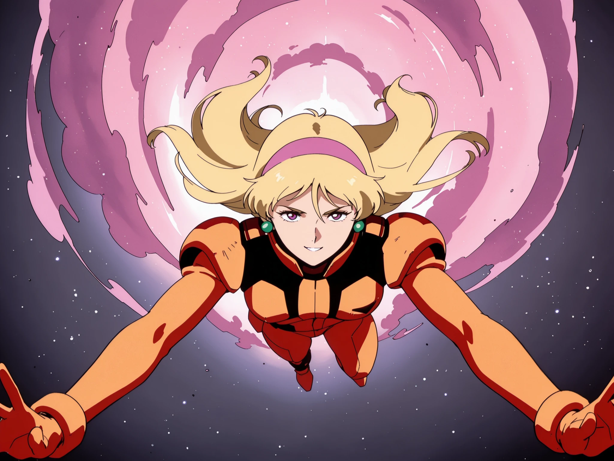 (masterpiece, best quality, ultra-detailed, anime-style, cinematic lighting),
Katejina Loos from Mobile Suit Victory Gundam, in deep space with Earth behind her,
long blonde hair flowing freely and dramatically in zero gravity, pink headband, green spherical earrings, sharp violet eyes,
wearing an orange pilot suit with red and black accents (Zanscare Empire style), arms stretched wide open,
slightly low-angle view, evil and triumphant smile, intense pink aura swirling around her like energy waves,
surrounded by cosmic stars and nebulae