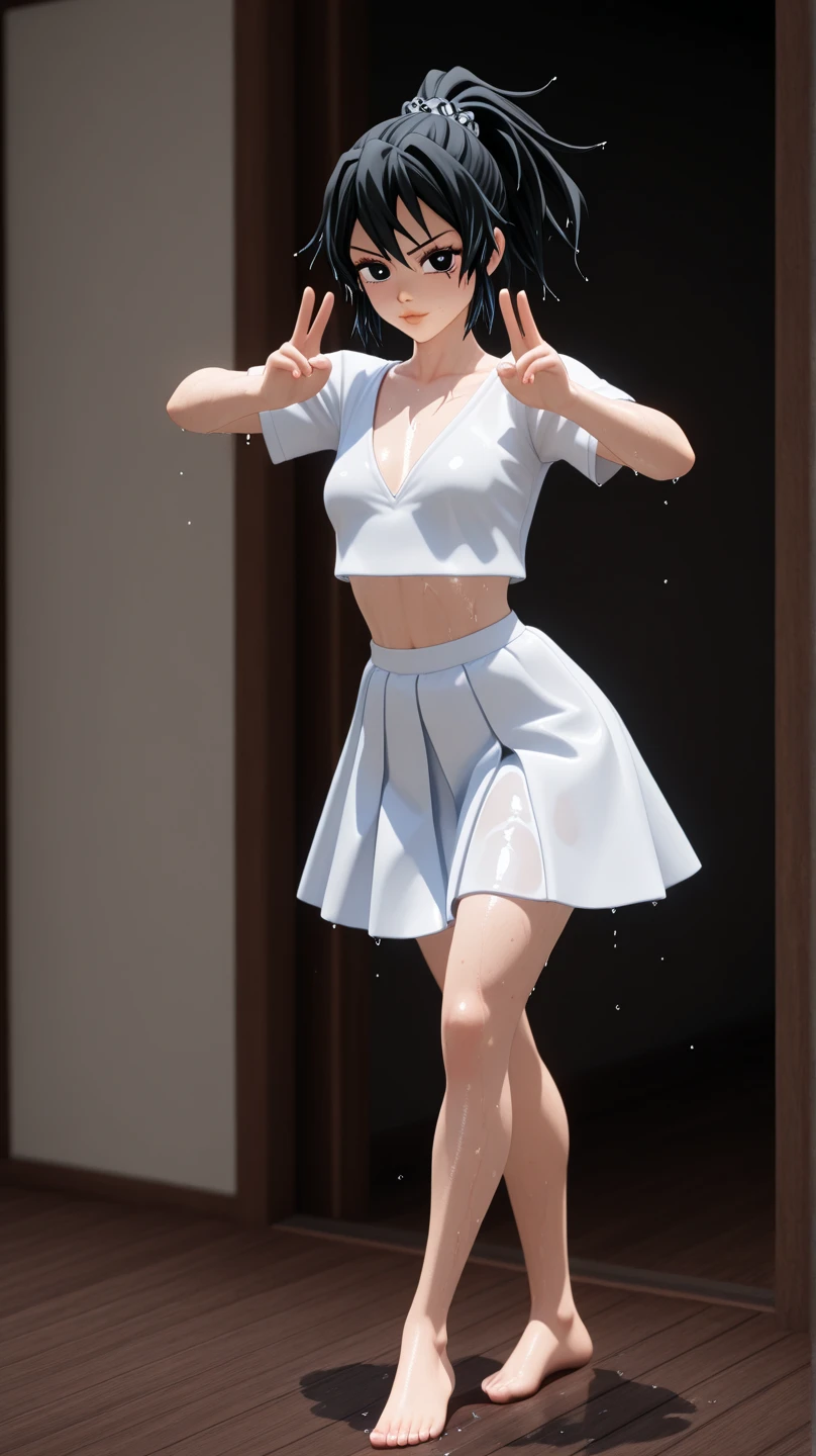 woman, Chignon, Wearing a dress, Flat Chest, Facing forward, Cross your arms overhead, Kneeling on the floor, Mat flooring, masterpiece, highest quality