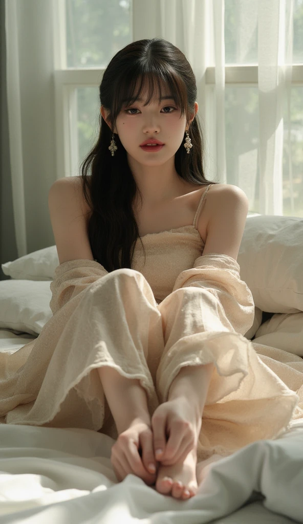 The Aalfid woman sat on the sofa,legs crossed, gorgeous chinese models, Soft ethereal lighting, a stunning young ethereal figure, beautifully soft lit, Soft portrait shot 8 K, cute elegant pose, author:Zhang Han, bae suzy, gorgeous soft lighting, Chinese Girl, Lovely woman, Gorgeous young Korean woman, author:Leng Mei, Ethereal beauty, by Ye Xin,hugetits,Light makeup,Perfect body curves,Slightly drunk