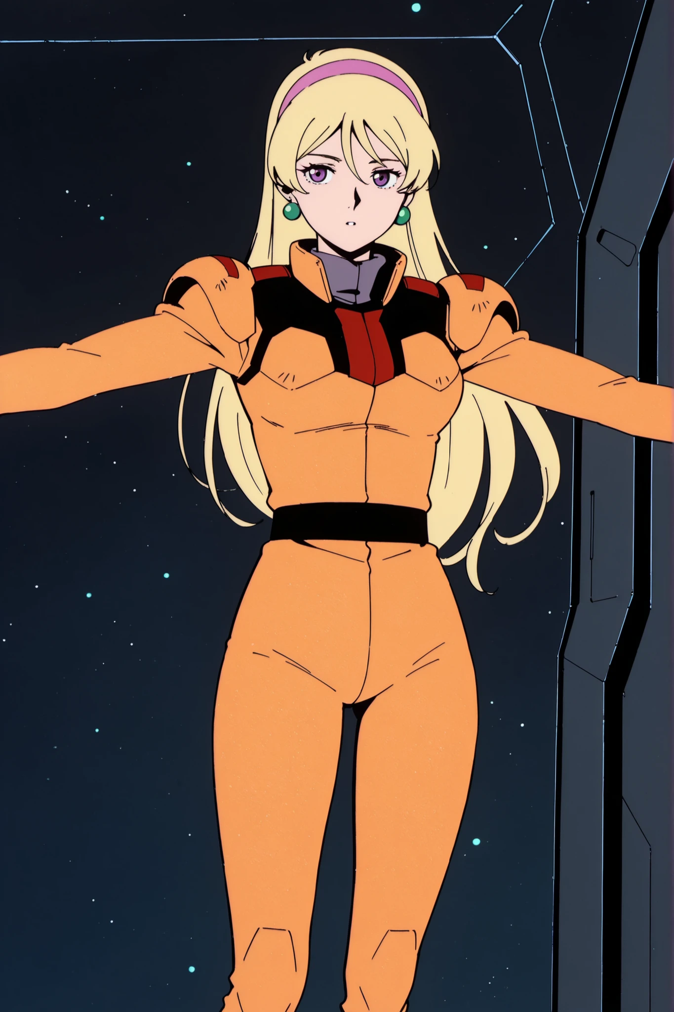 (Masterpiece, Top Quality, Ultra Detailed, Anime Style, Cinematic Lighting)
V Gundam's Katejina Loos stands in space, with the Earth clearly visible behind her.
In zero gravity, her long blonde hair flows dramatically and she wears a pink headband.
Her bright orange Zanscare Empire pilot suit has red and black accents.
She wears green spherical earrings, her piercing purple eyes shine, and she stands tall with her arms outstretched.
Outer space filled with nebulae and stars. A wave of malice is about to engulf the Earth.
