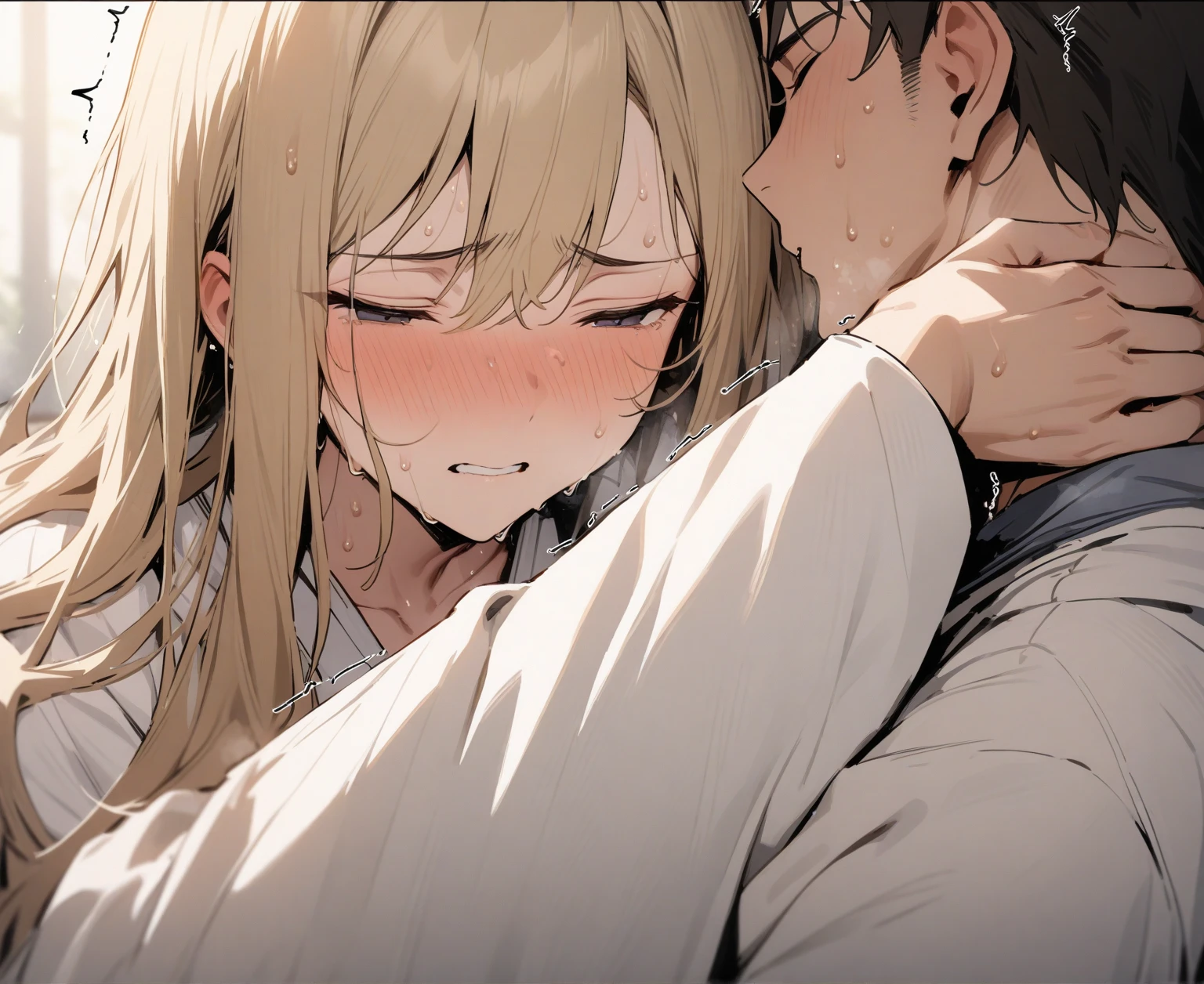 nsfw,1 male,Sweat,White Breath,Pokémon,Lillie,,sit,room,Side view,Having her breasts massaged from behind,Embarrassed expression,