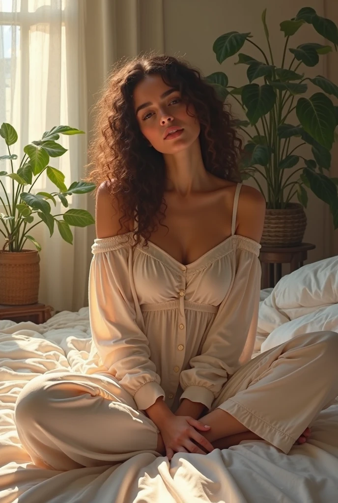 (photorealism:1.2), beautiful woman, sitting on bed, wearing loose off-shoulder top, pajama pants, long curly hair, indoors, soft lighting, plants in background, window with sunlight, cozy room, relaxed pose, realistic, intricate details, warm colors, by Greg Rutkowski, by Alphonse Mucha