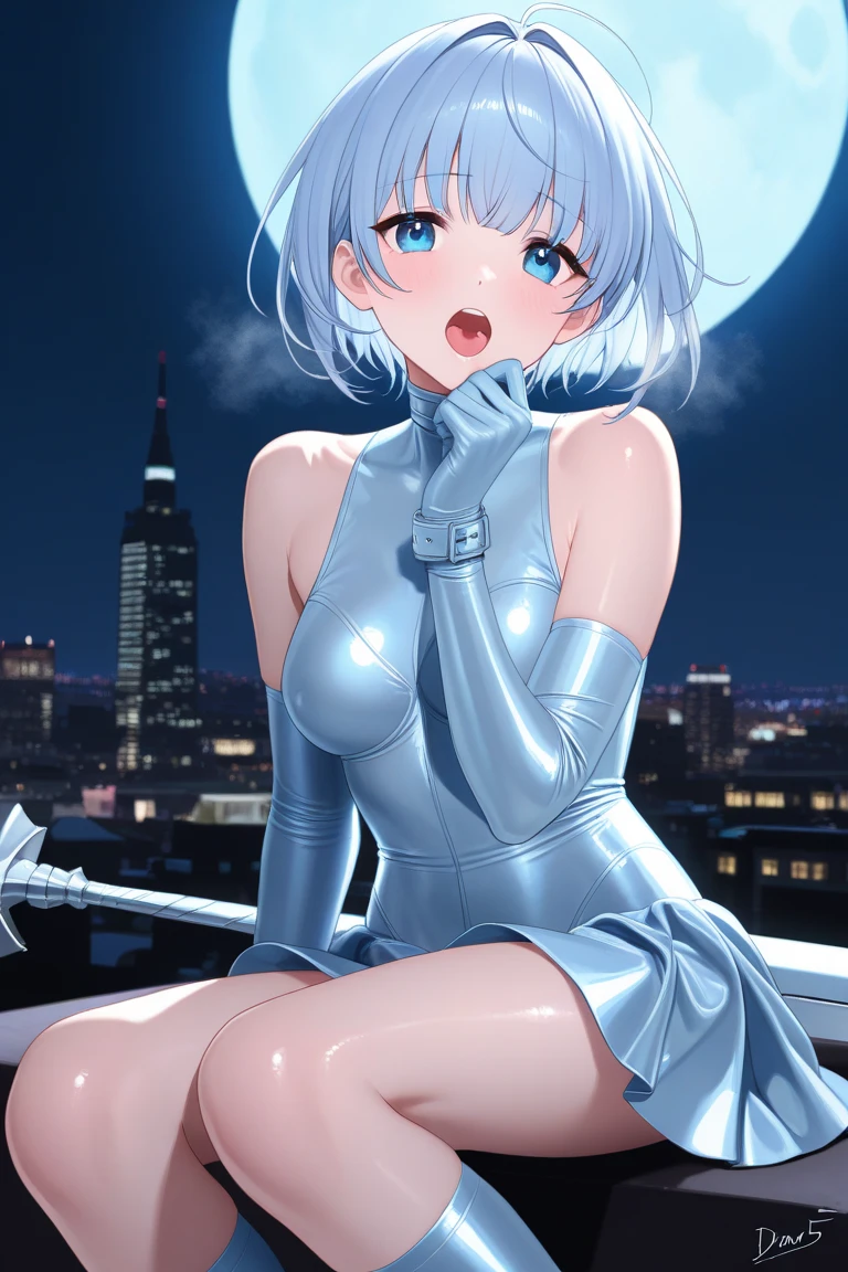 (Moon-inspired dress)), ((skirt)), ((pantyhose)), ((Shiny Costumes)), skindentation, skinny, solo, 1 woman, Masterpiece, highest quality, highest quality, 16K, incredibly absurd, highly detailed, 2.5D, ai-generated, delicate and dynamic, very delicate facial expressions, delicate eye depiction, erotic, only sexy woman, ((A cute and kind face)), healthy figure, ((25-year-old woman)), 160cm tall, medium firm swaying bust, , blush, Sweat,Embarrassed,sexy, ((thin thighs)), (camel toe:0.7), (visible nipples:0.3), (Erect nipples,:0.7), shiny and lustrous, facing straight at viewer, (((in heat))), ((Oily_skin)),, ((dutch angle)), ((erotic pose)), , (((A woman making a confession under the moonlight))), ((sit)),