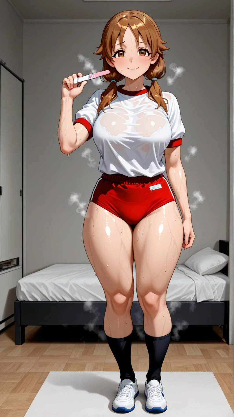 Rei Ayanami,A girl wearing a white gym uniform and red bloomers(()),Light blue hair,Red eyes,short hair,Blushed,vapor,Sweat,Chubby,Captivating look,She is wearing wide red bloomers.,Accentuate your butt,