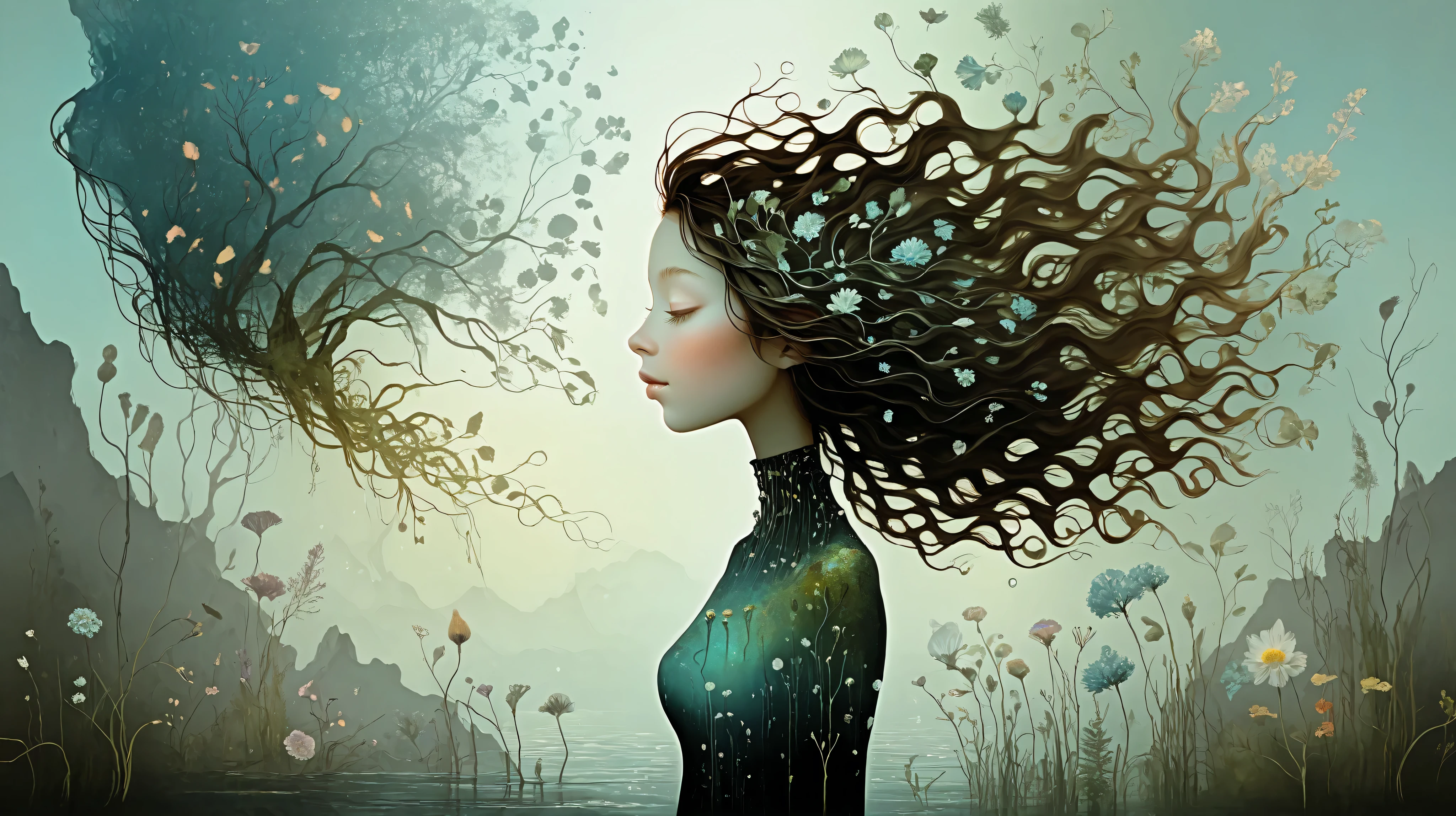 Picture a surreal female profile seamlessly transforming into a bioluminescent garden, blending fantasy elements with a touch of the surreal. The image is highly detailed, inspired by the works of Catrin Welz-Stein, featuring a delicate balance between human and natural forms. The flowers seem to emerge organically from her silhouette, merging seamlessly into her flowing hair. The color palette is a blend of soft pastels and vibrant metallics, creating an atmospheric effect. The lighting is ethereal, casting a soft glow on the scene, enhancing the surreal nature of the composition.