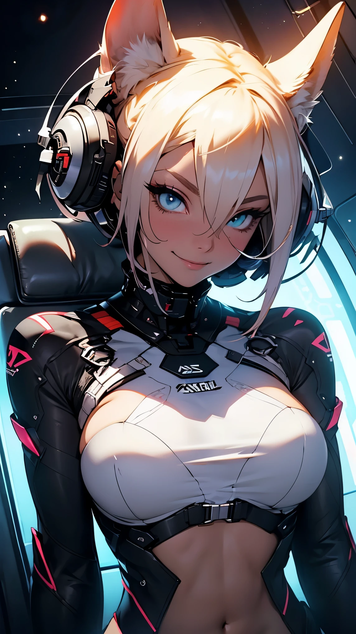 Top quality, masterpiece, fine detail, super detailed, accurate depiction, highly detailed 8k wallpaper, beautiful mechanical woman, solo, (half closed eyes, green eyes), seductive smile, (sexy mechanical woman: 1.3), five perfect fingers, (white exoskeleton suit: 1.1), (mechanical joints, echanical arms, mechanical legs: 1.4), (exposed shoulders, exposed armpits, exposed thighs), (long eyelashes, red lips), rabbit ears, rabbit tail, headphone, (blonde hair, one length, bob cut), cyberpunk, (bar), counter, wine, whiskey, bourbon,